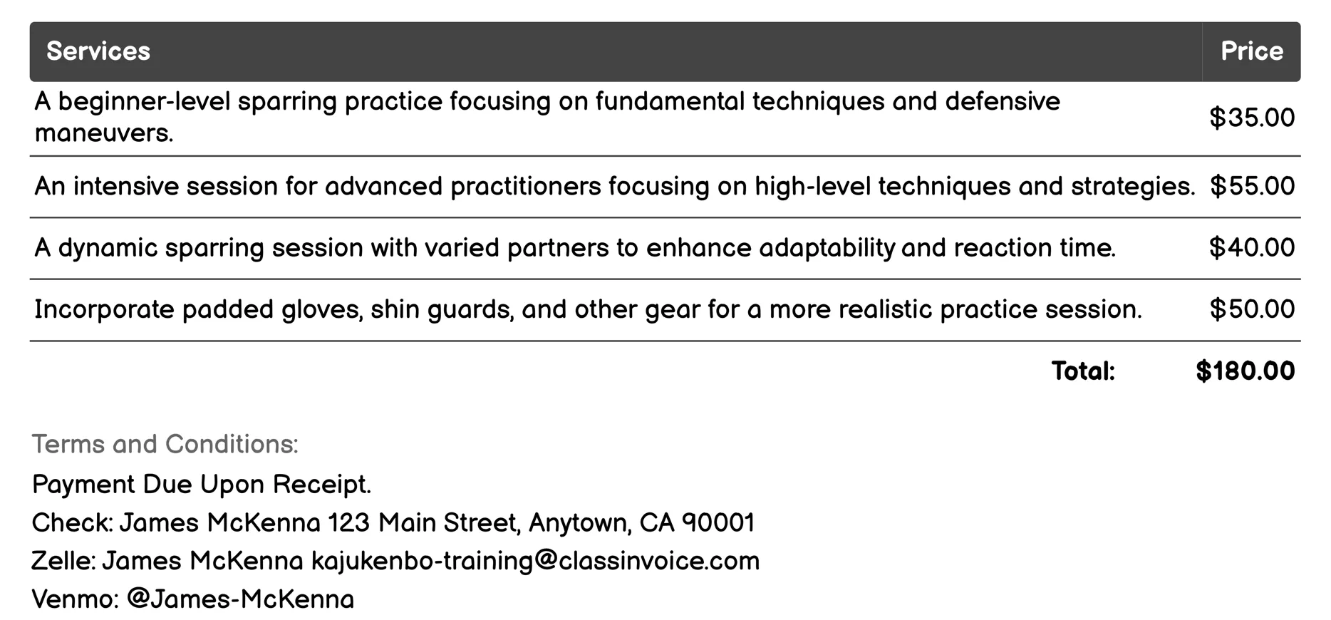 Sparring Practice Invoice Example