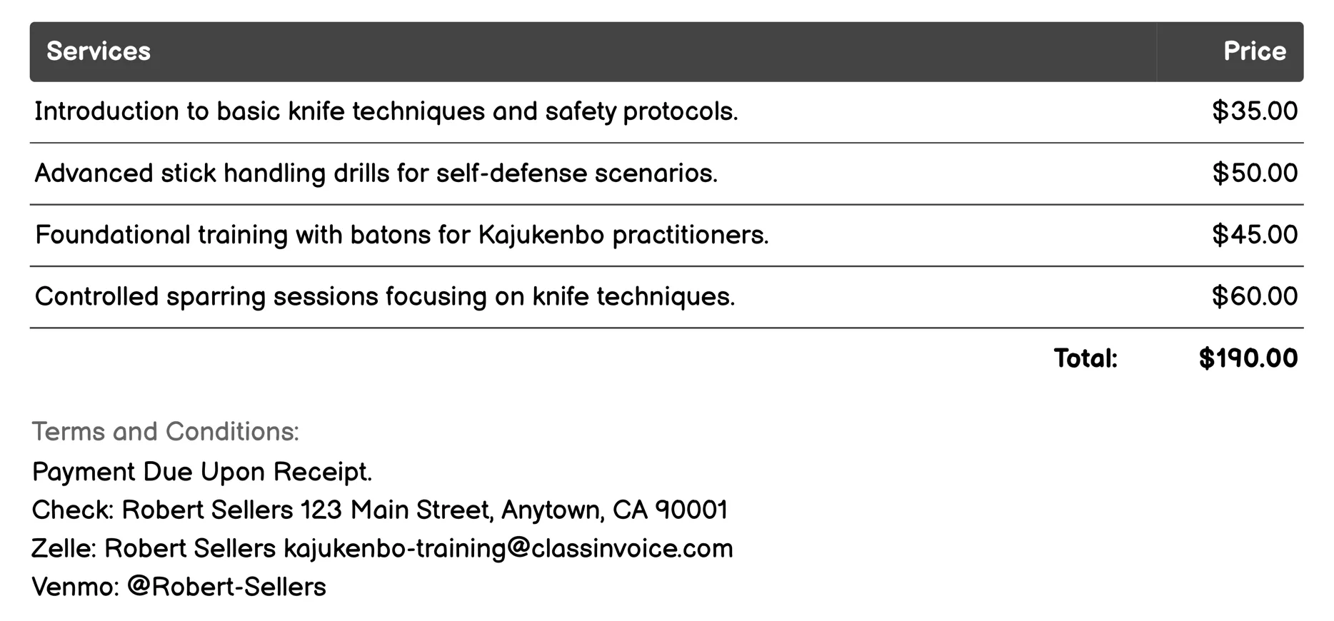 Weapons Training Invoice Example