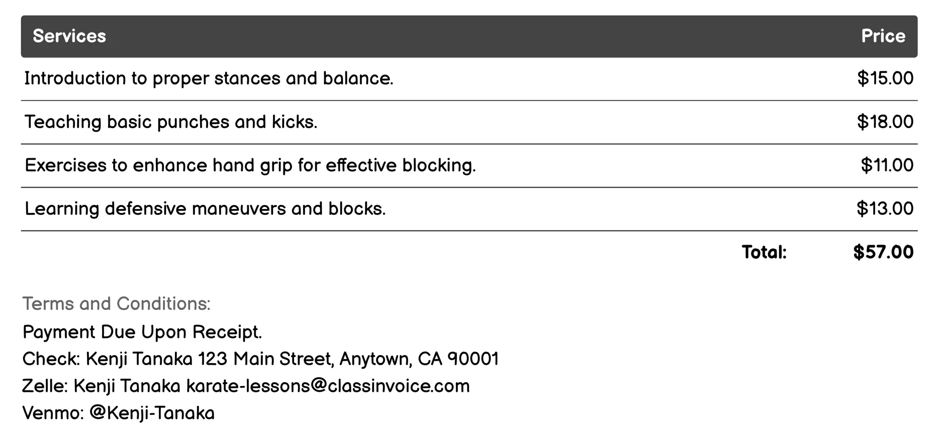 Beginner Karate Classes Invoice Example