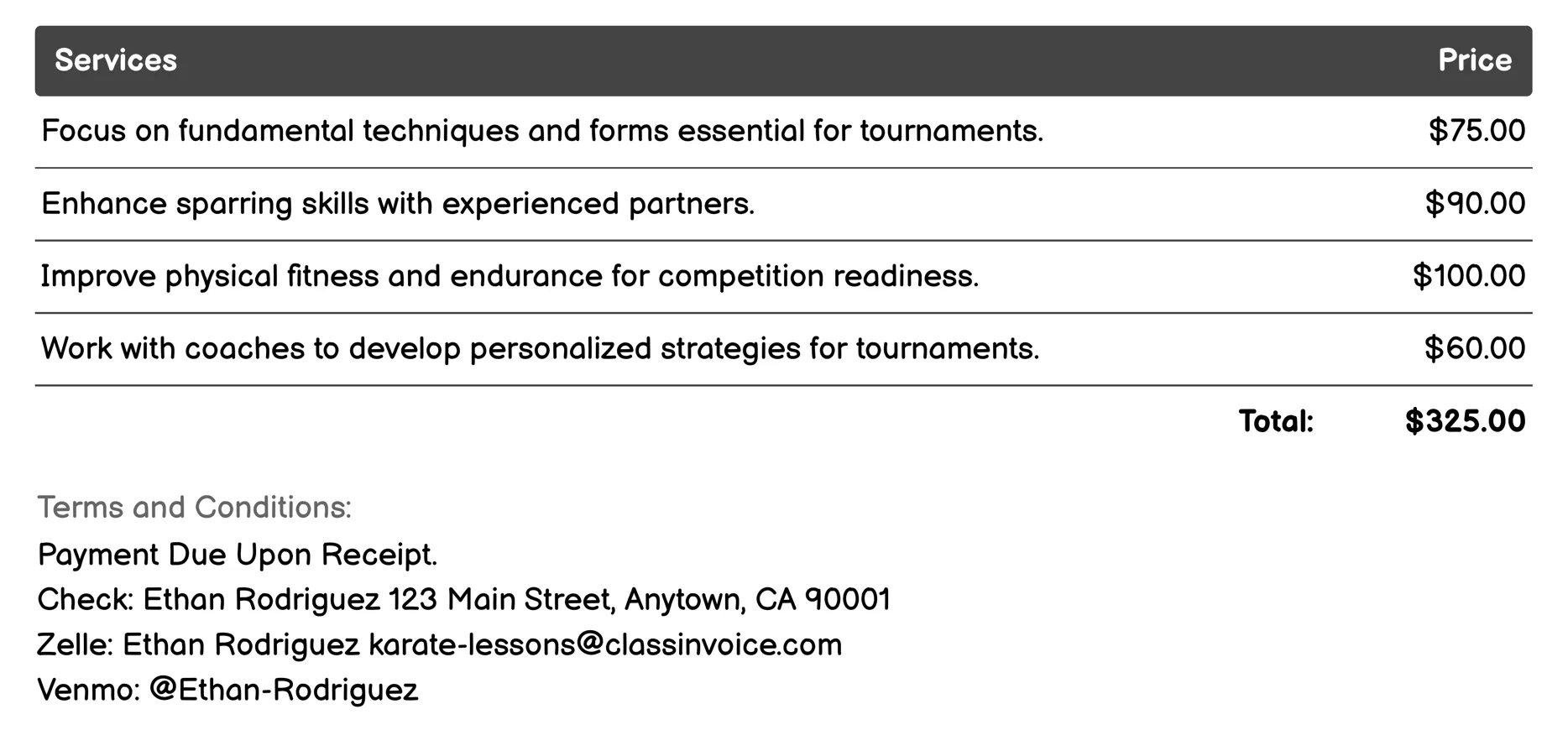 Karate Tournament Preparation Invoice Example