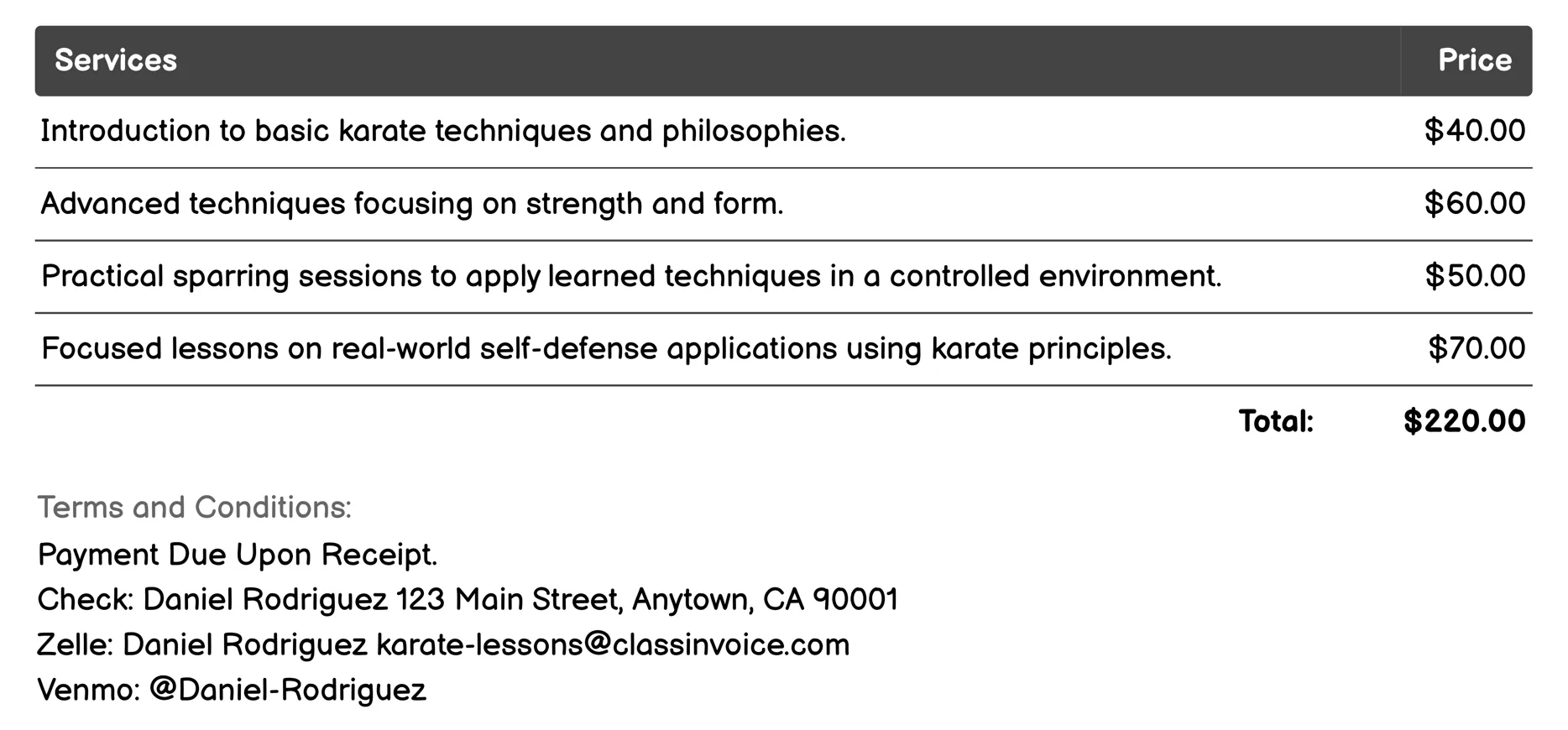 Private Karate Lessons Invoice Example
