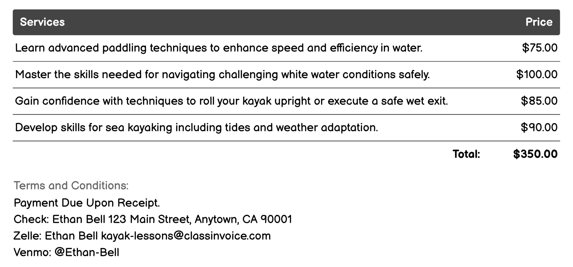 Advanced Kayak Skills Invoice Example