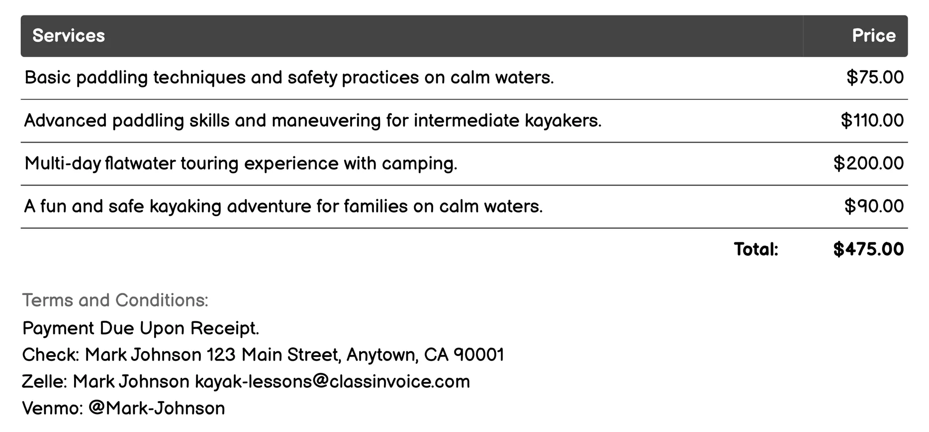 Flatwater Touring Lessons Invoice Example