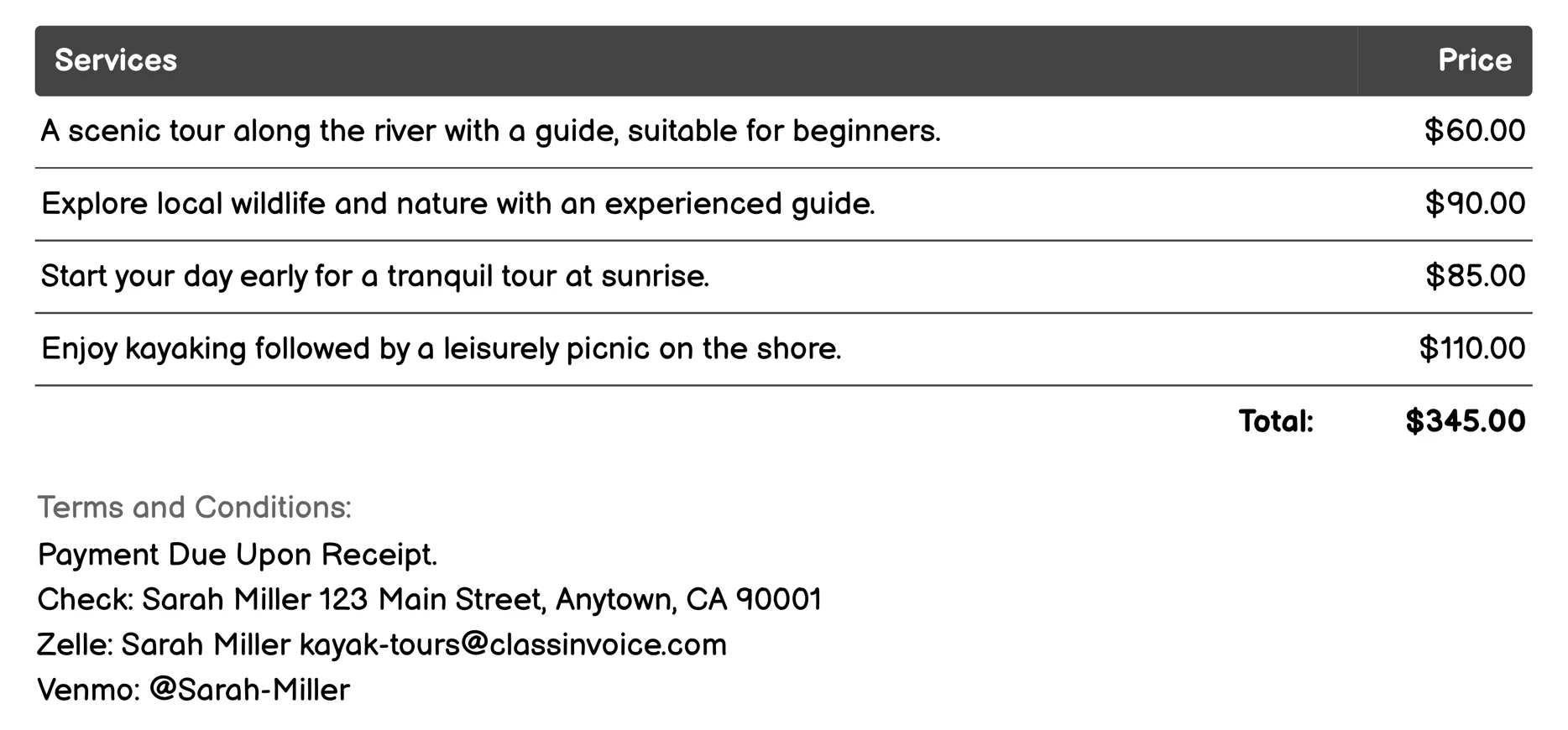 Adventure Kayak Tours Invoice Example