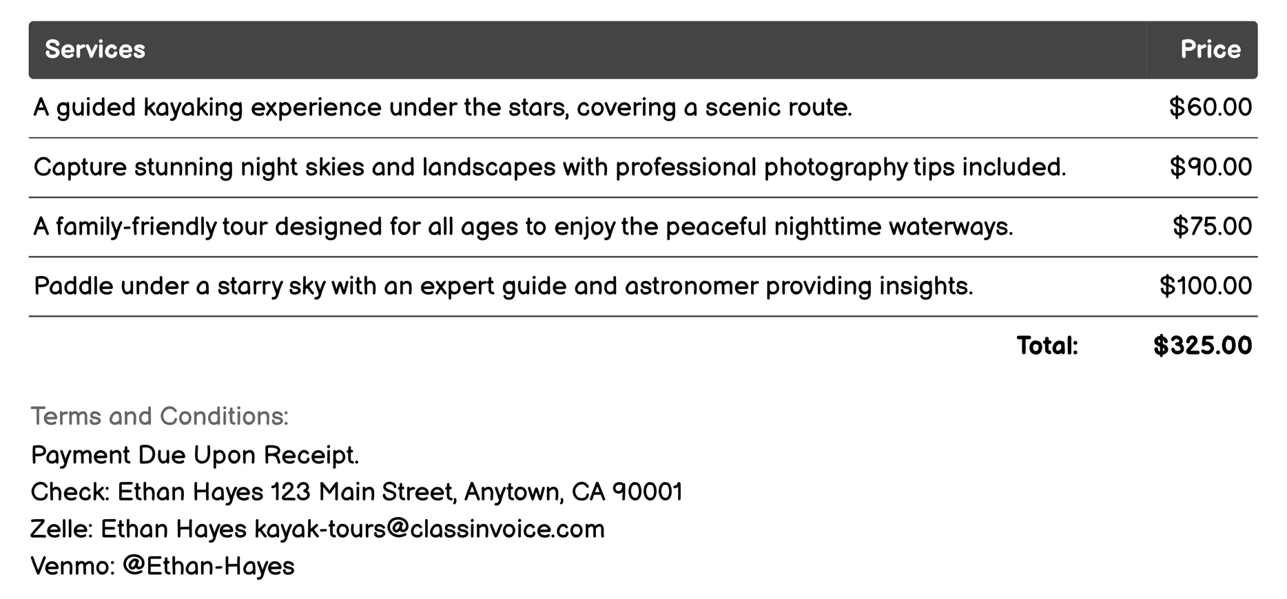 Nighttime Kayak Tours Invoice Example