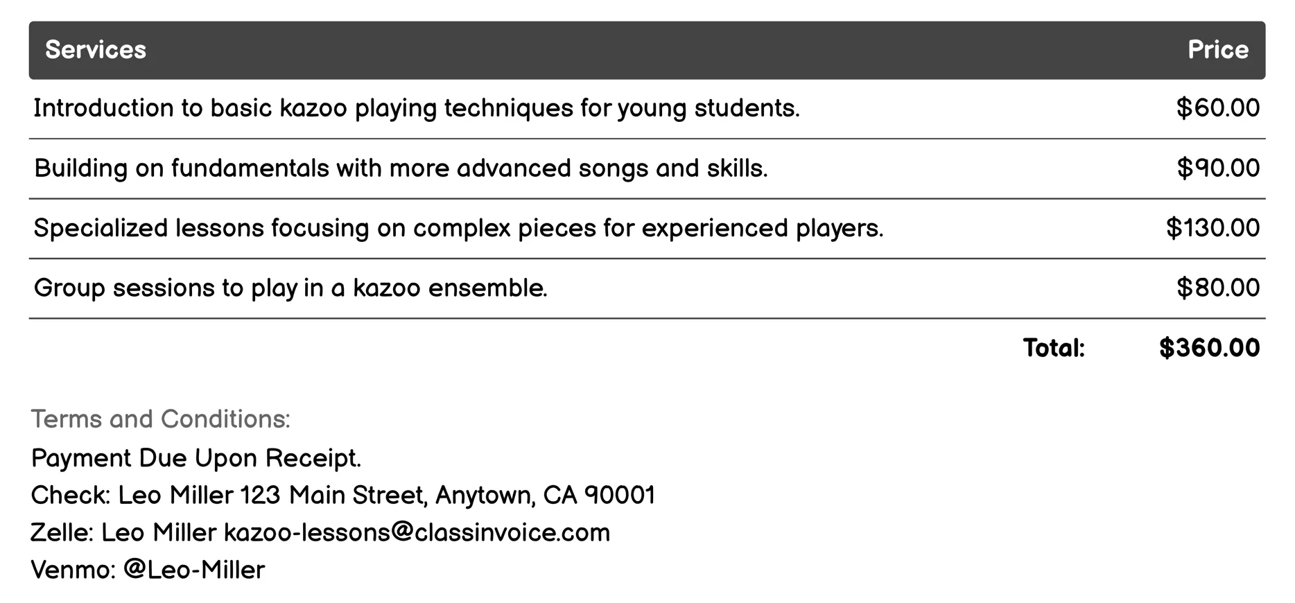 Children's Kazoo Classes Invoice Example