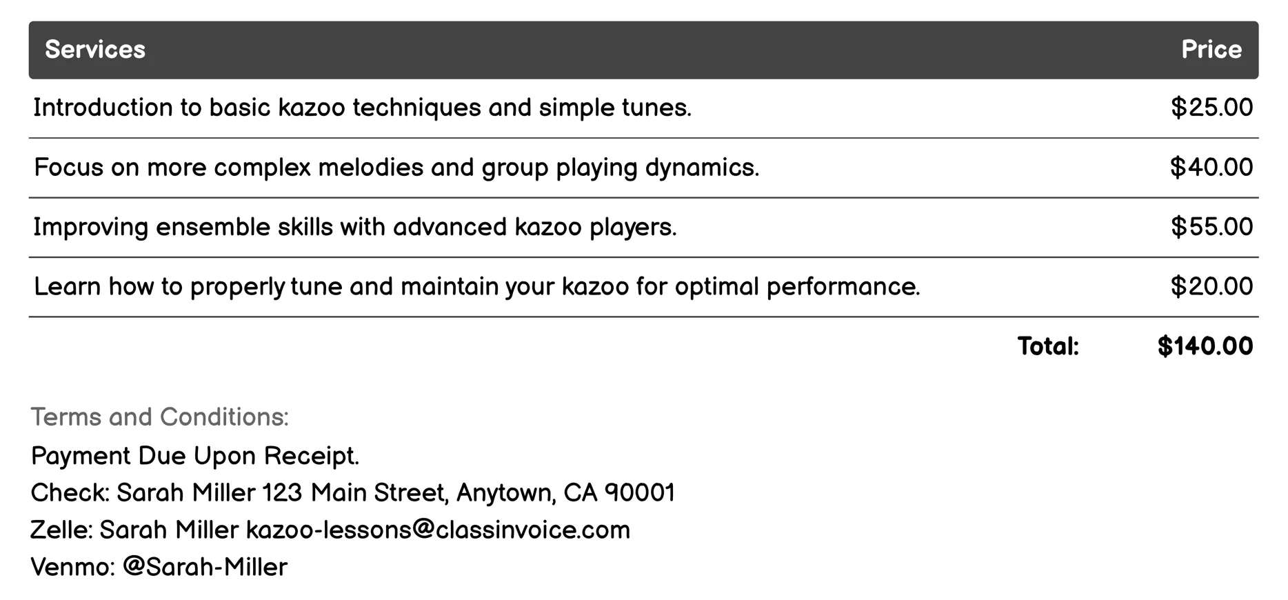 Kazoo Ensemble Sessions Invoice Example
