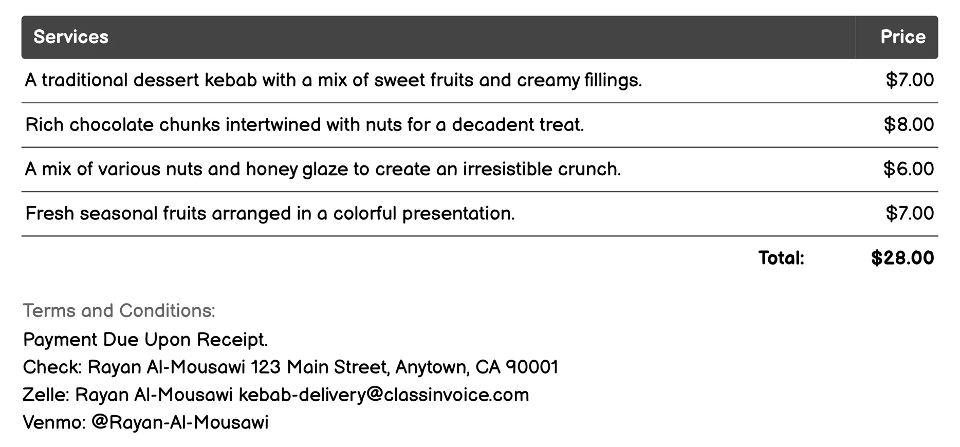 Dessert Kebabs Invoice Example