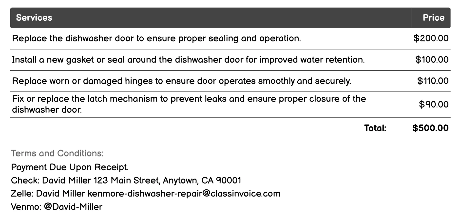 Door and Seal Replacement Invoice Example