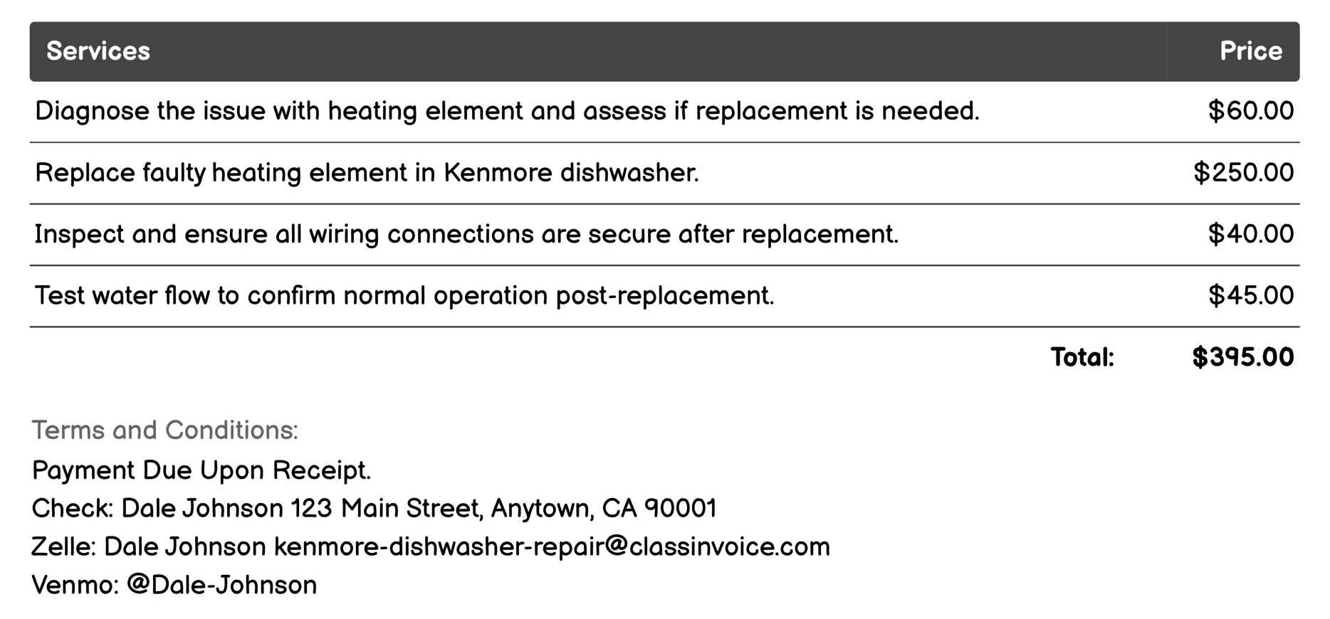 Heating Element Replacement Invoice Example