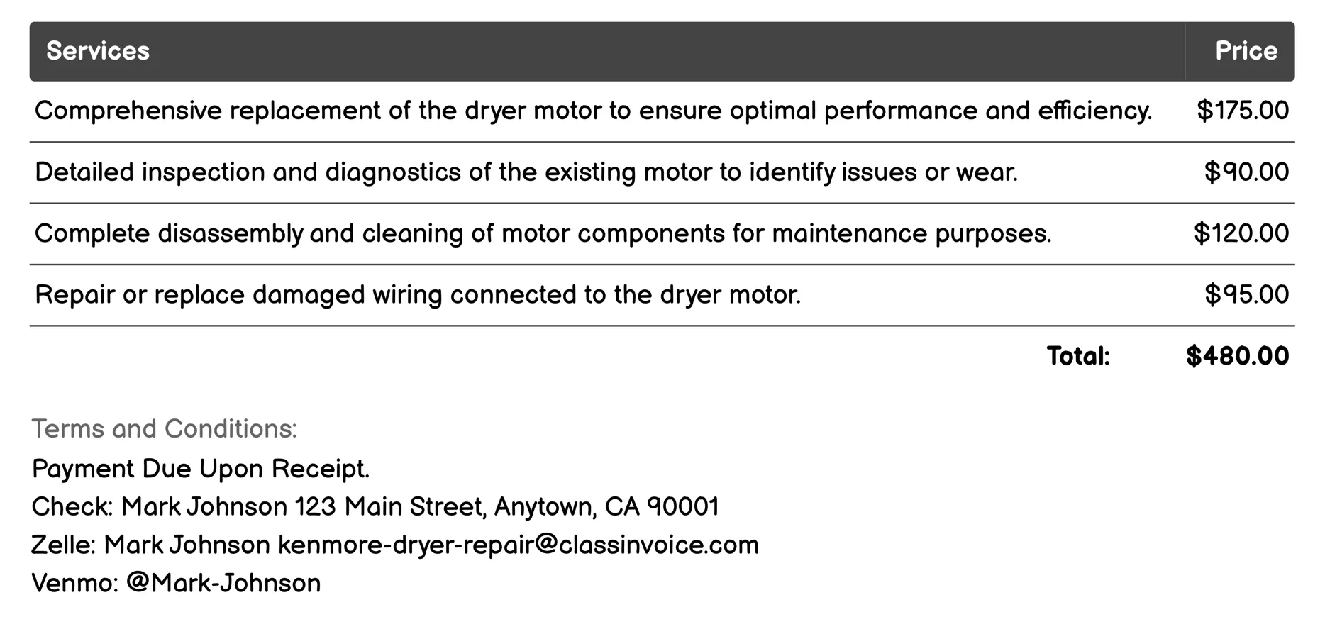 Motor Replacement Invoice Example