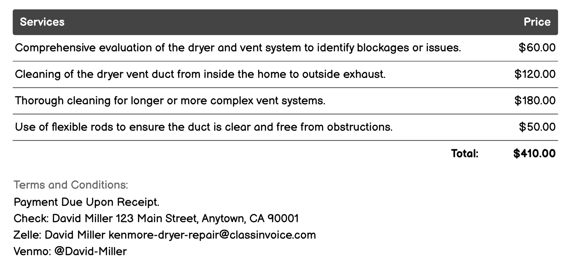 Vent Cleaning Invoice Example
