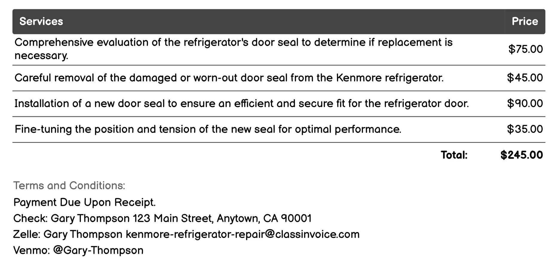 Door Seal Replacement Invoice Example