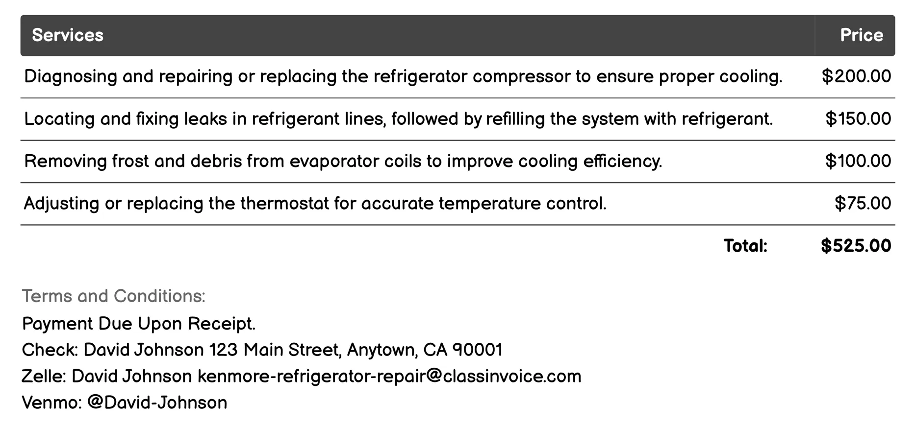 Refrigeration System Repair Invoice Example