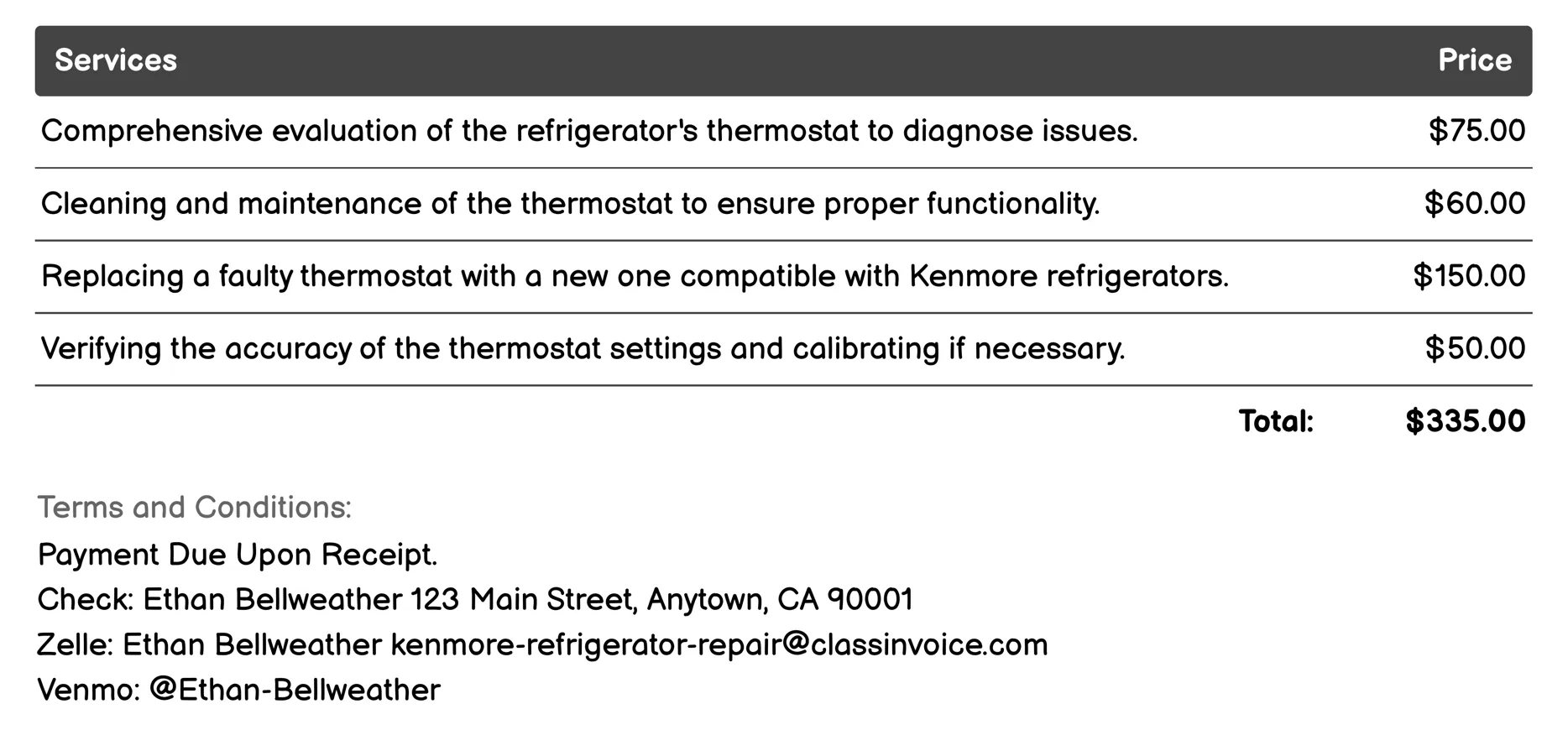Thermostat Calibration Invoice Example