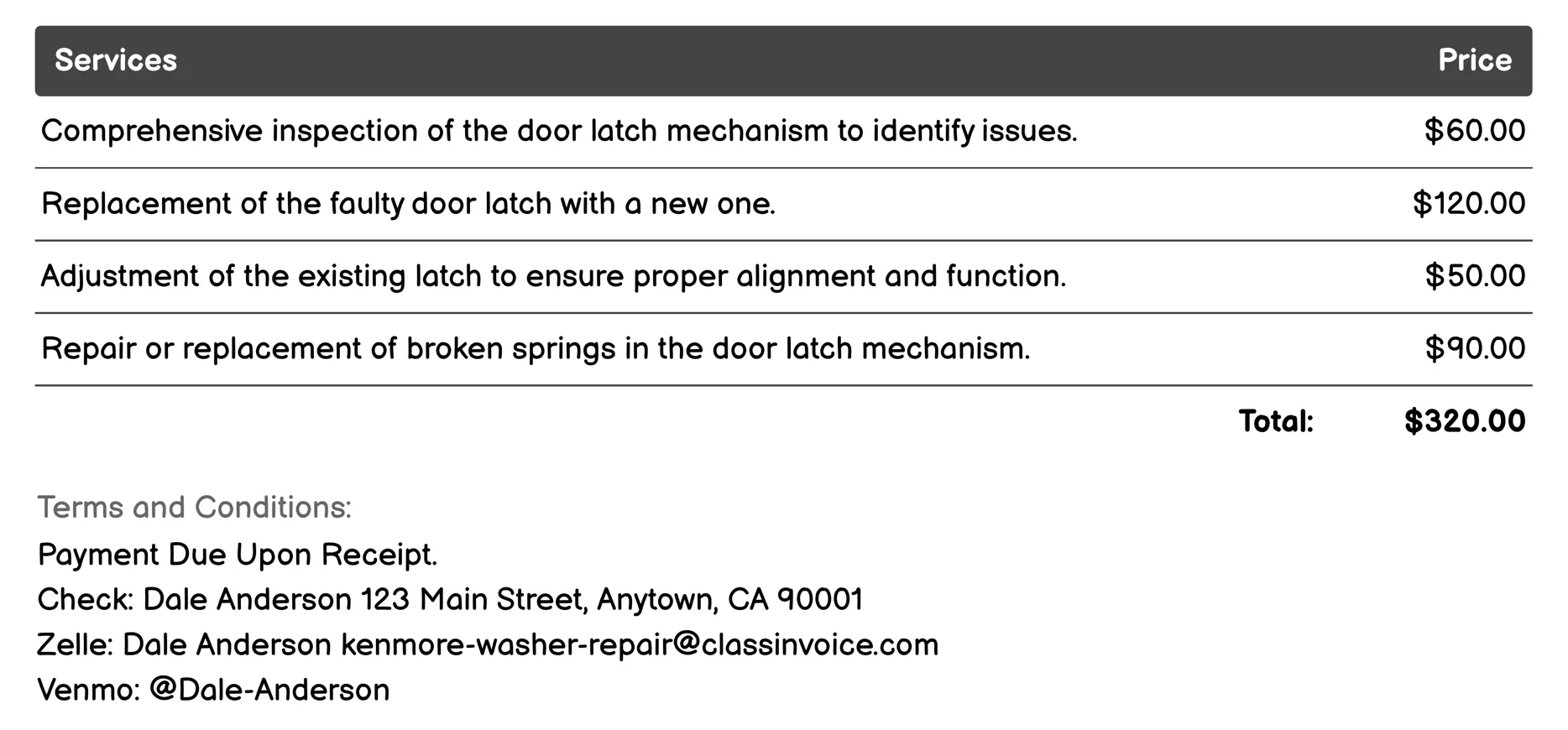 Door Latch Repair Invoice Example