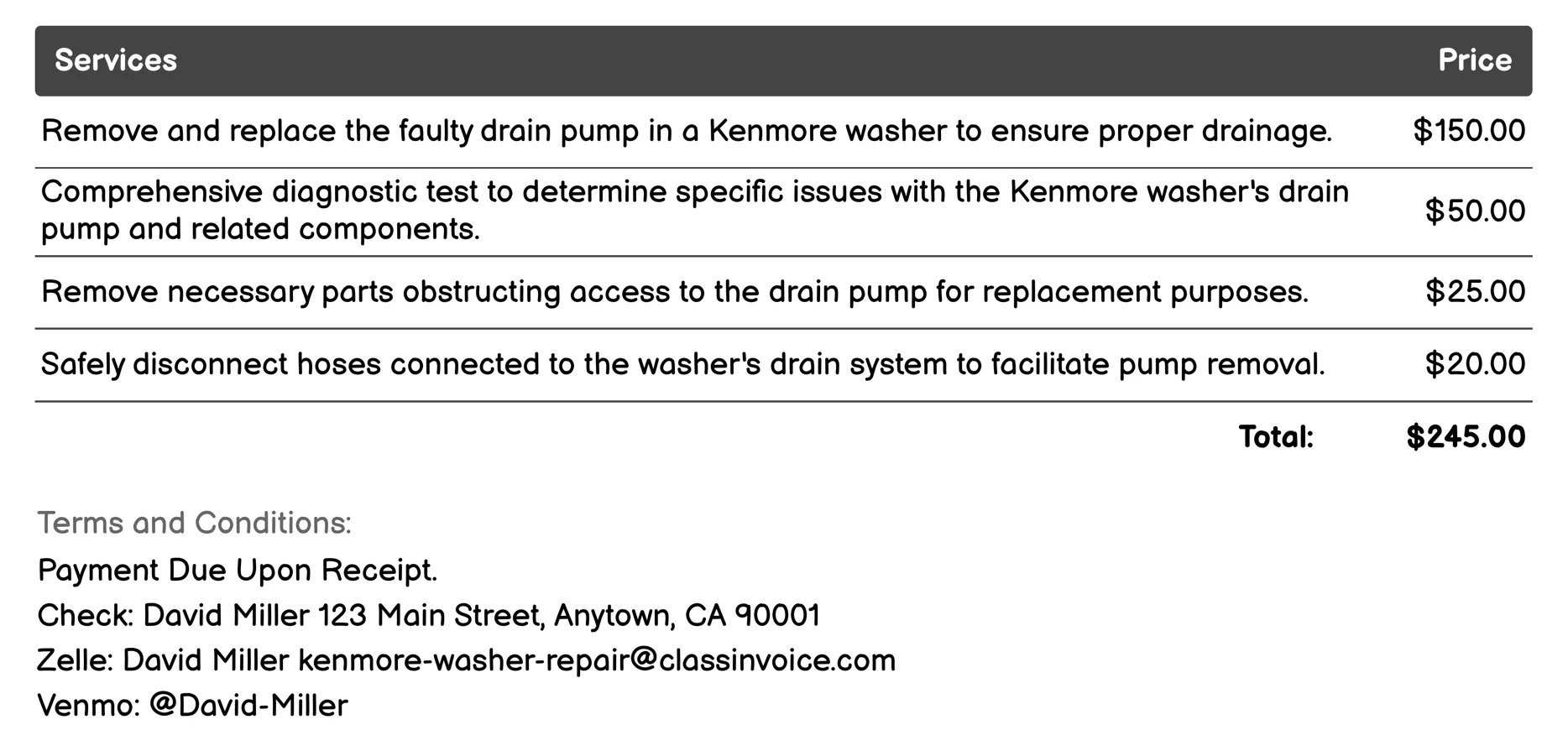 Drain Pump Replacement Invoice Example