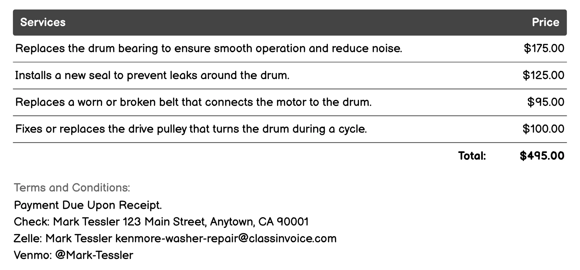 Drum Repair Invoice Example