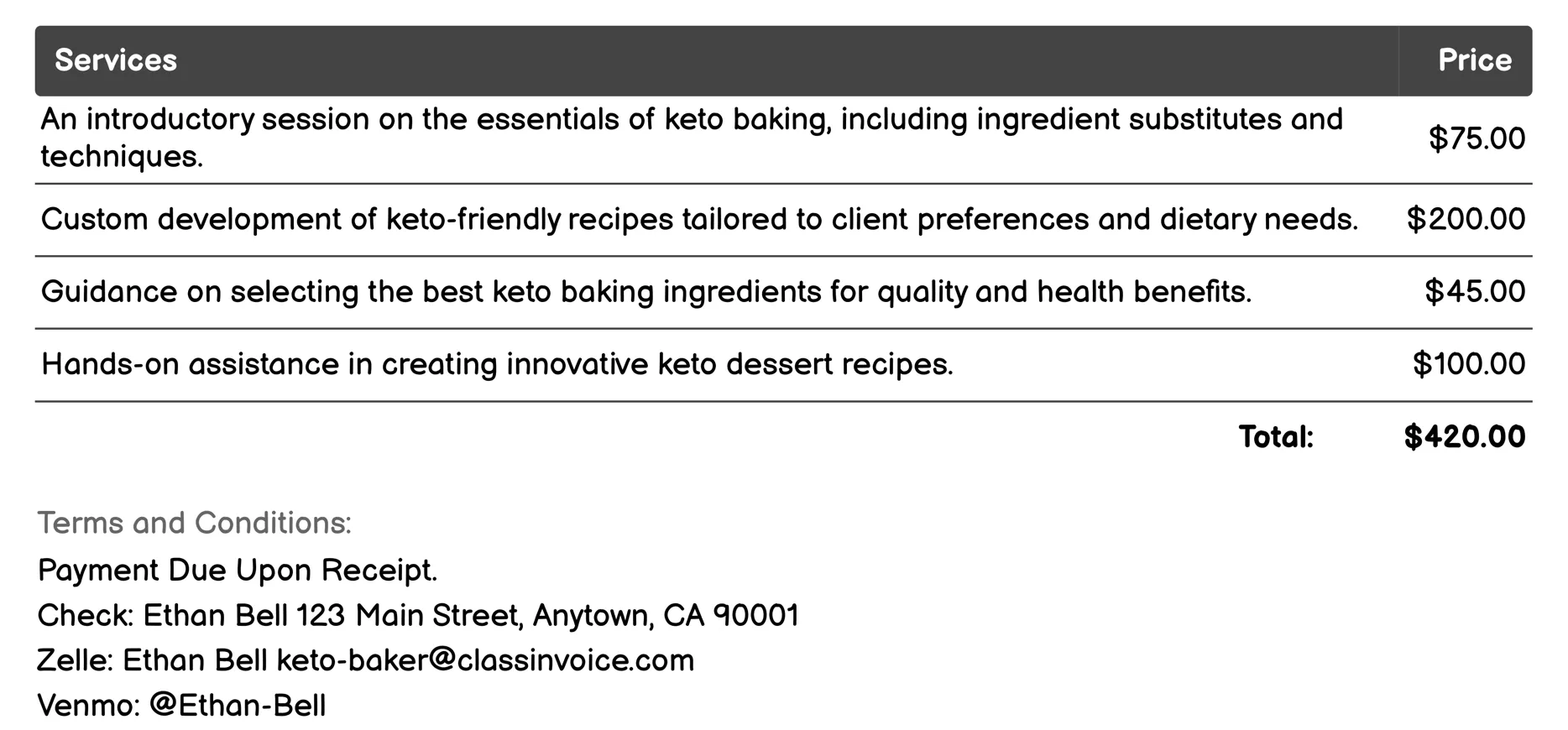 Baking Consultation Services Invoice Example