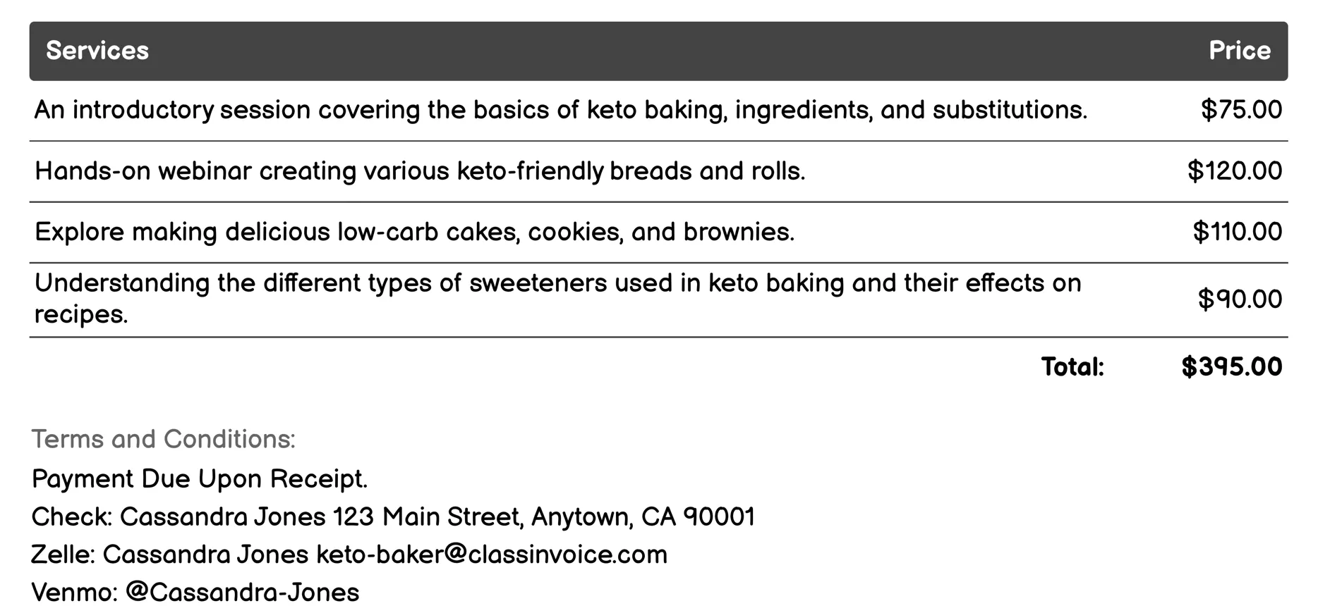Keto Baking Webinars Invoice Example