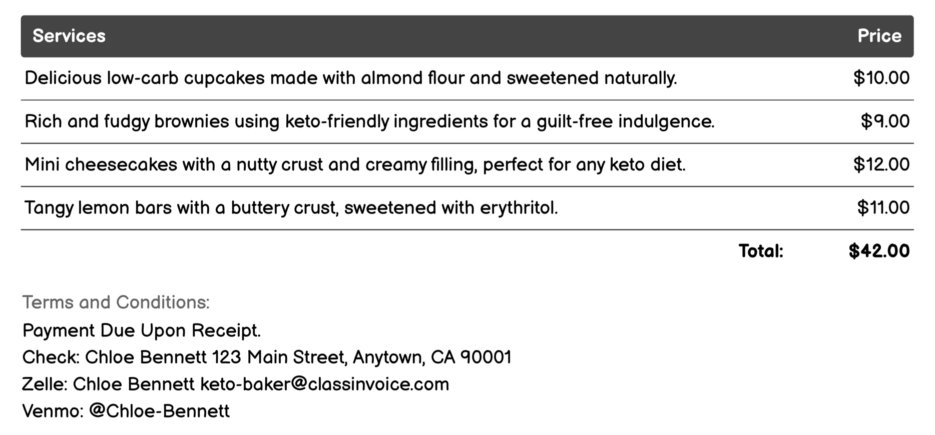 Keto Dessert Catering Services Invoice Example