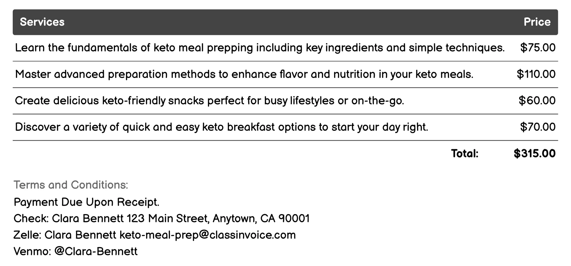 Cooking Classes Invoice Example