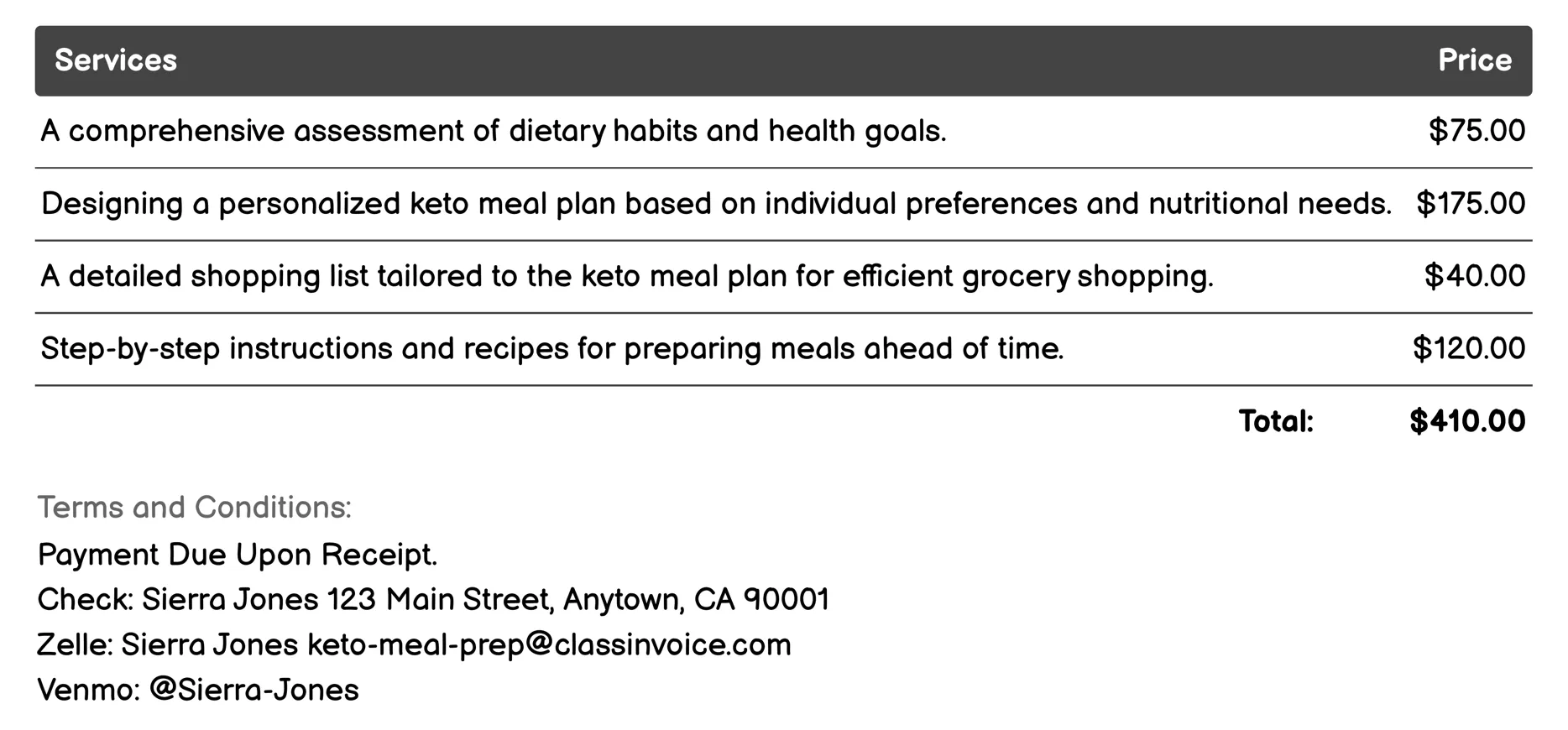 Nutritional Coaching Invoice Example