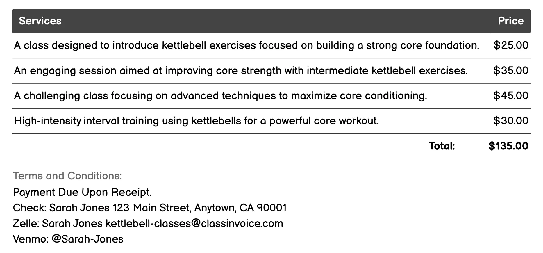 Core Conditioning Invoice Example