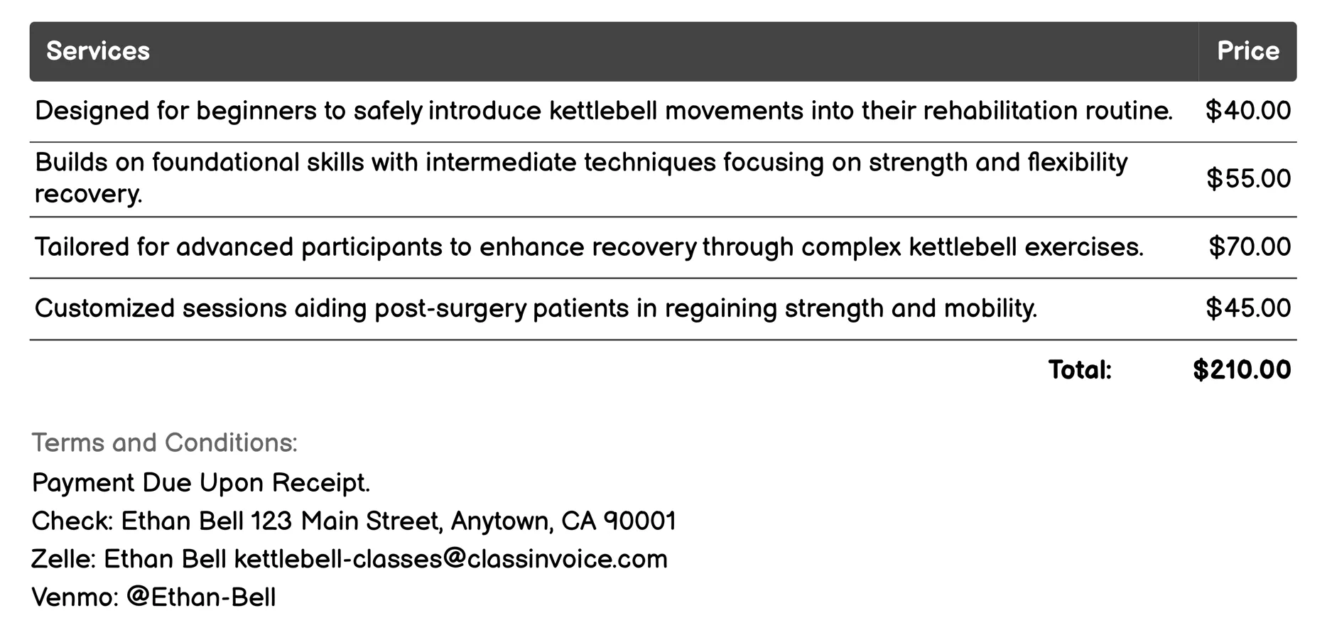 Rehabilitation & Recovery Invoice Example