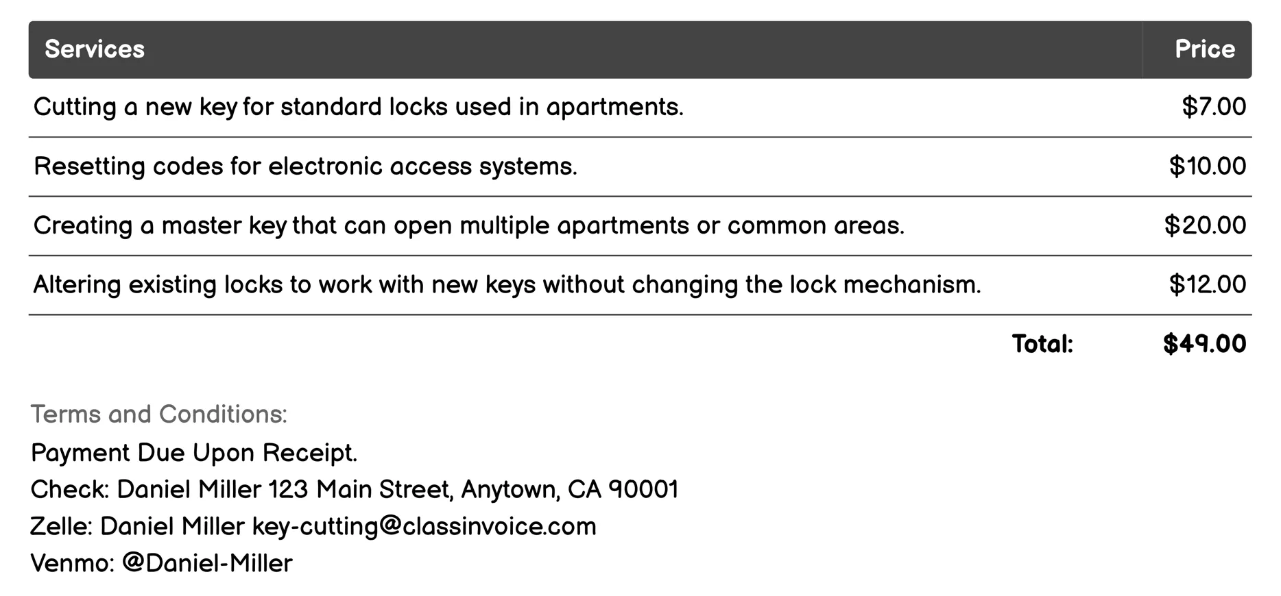 Apartment Complex Key Cutting Invoice Example