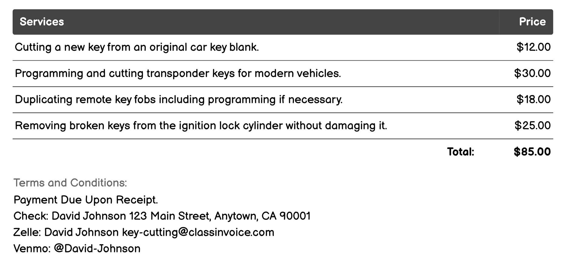 Automotive Key Cutting Invoice Example