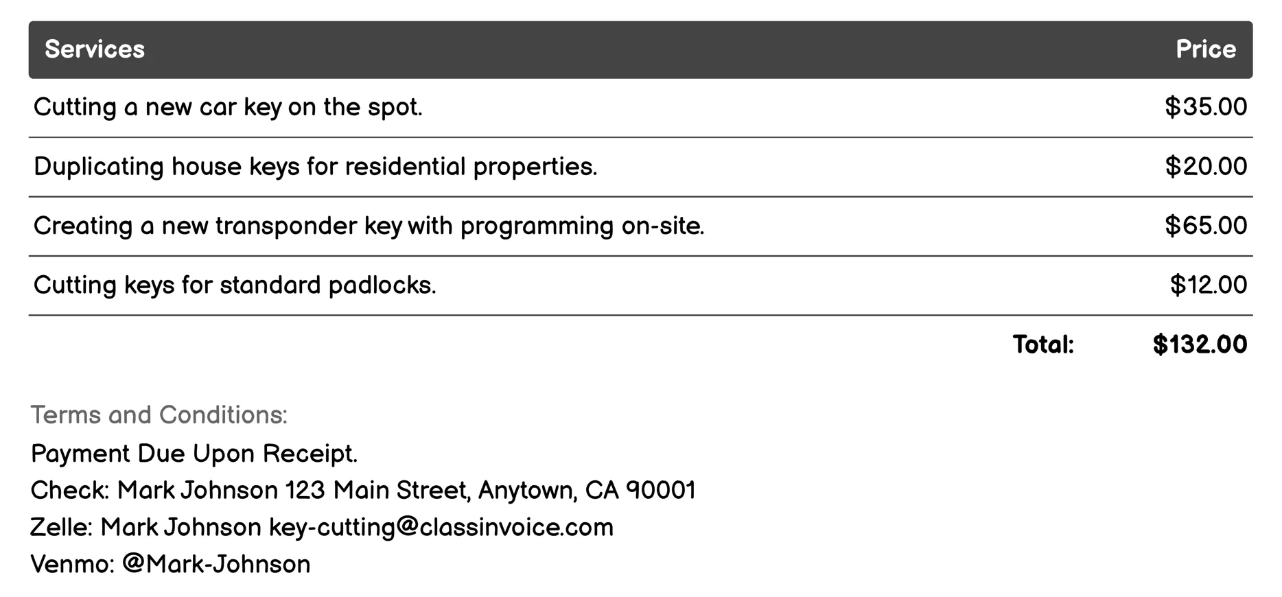 Emergency Lockout Service Invoice Example