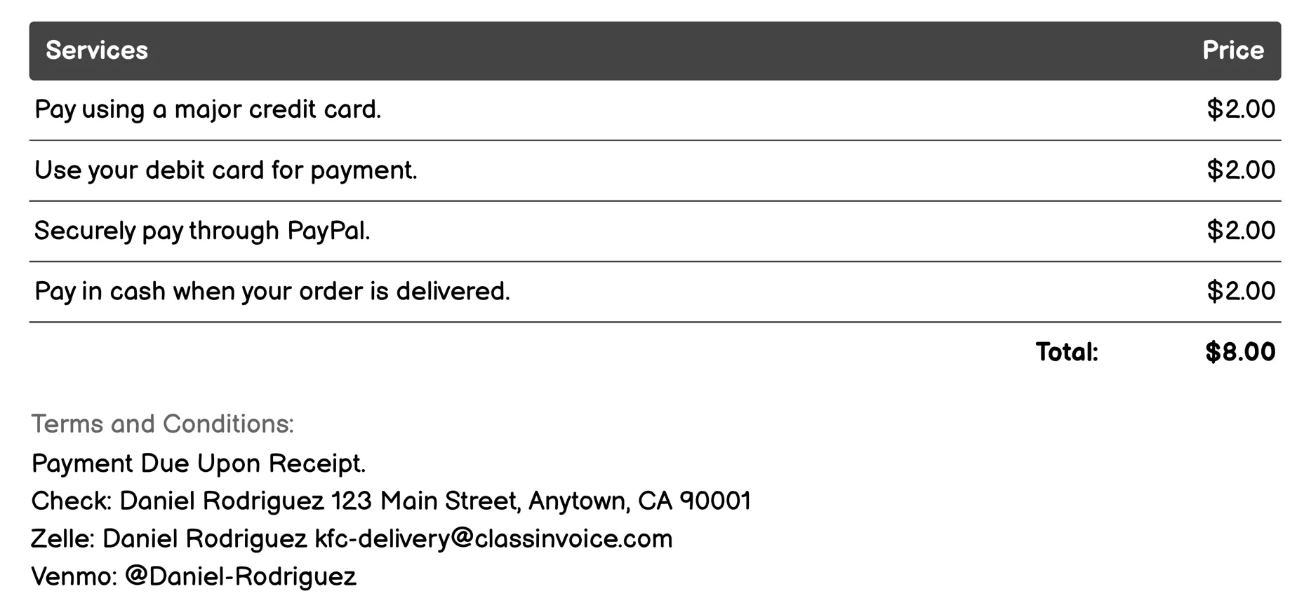 Payment Options Invoice Example