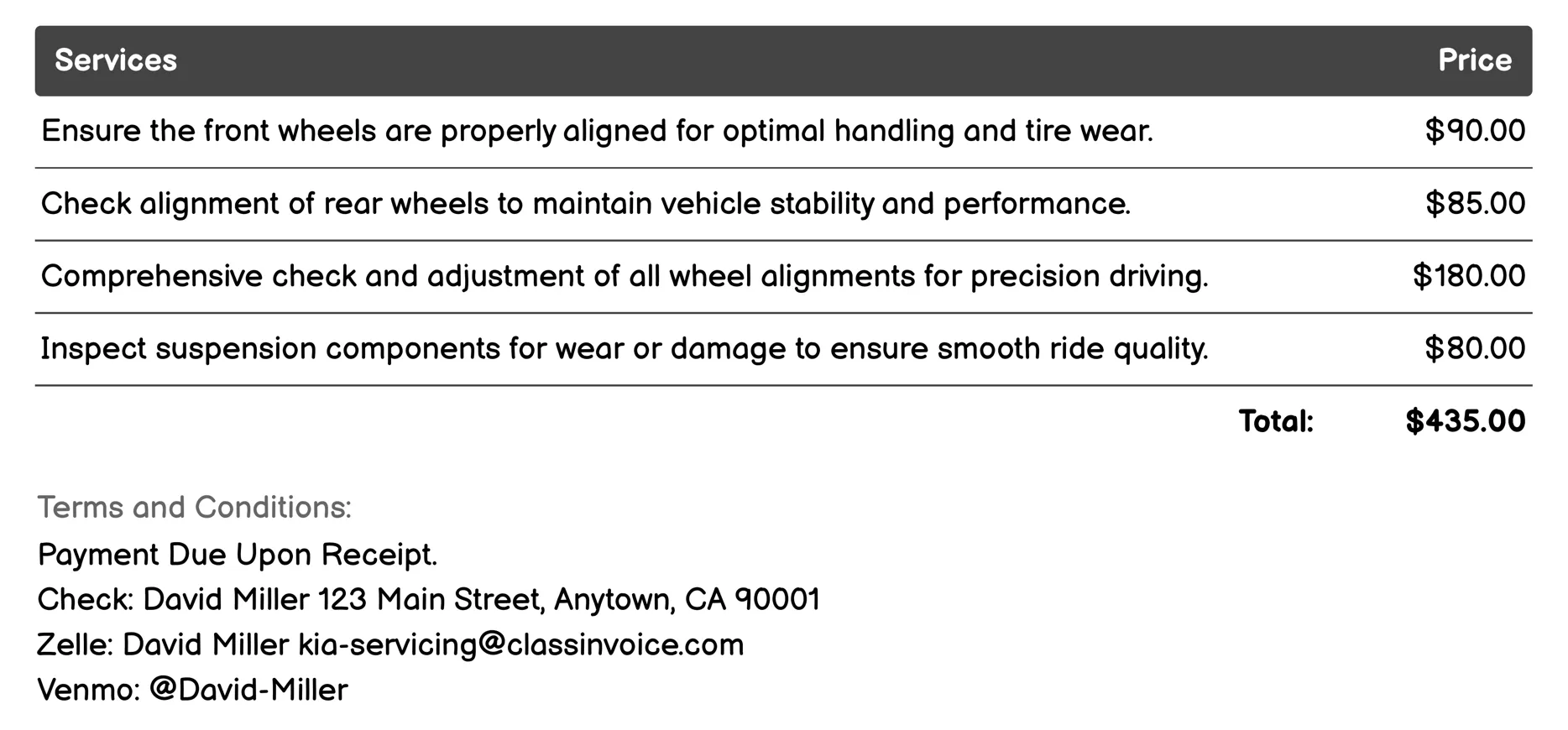 Alignment and Suspension Check Invoice Example