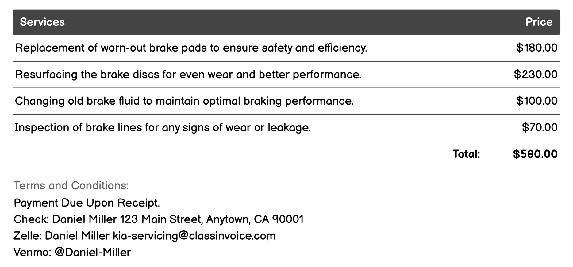 Brake Service Invoice Example