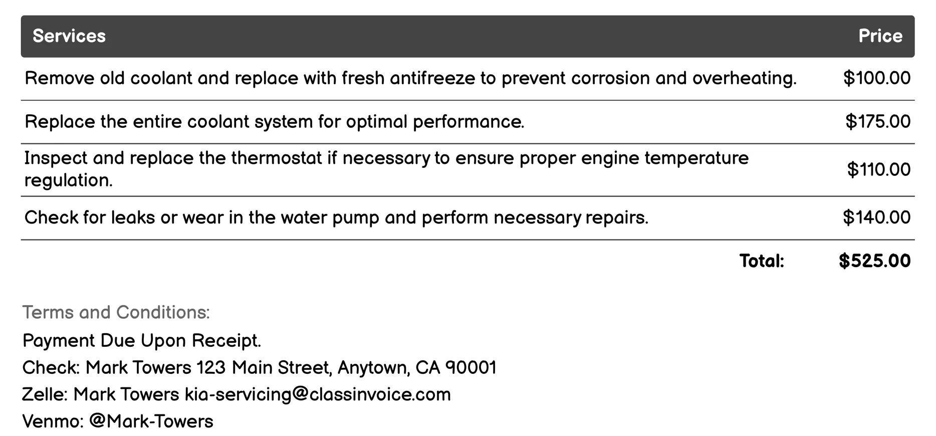 Cooling System Service Invoice Example