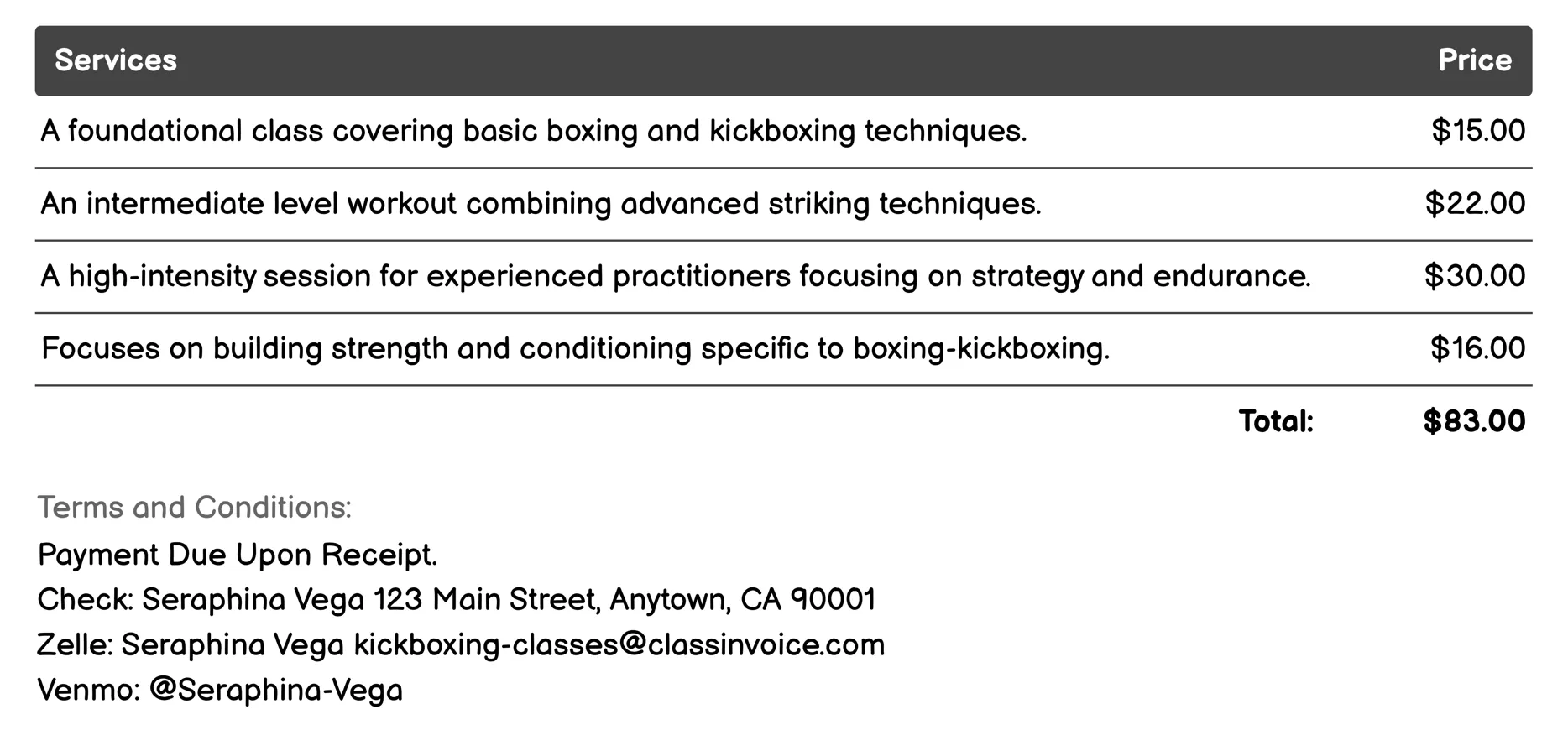 Boxing-Kickboxing Hybrid Invoice Example