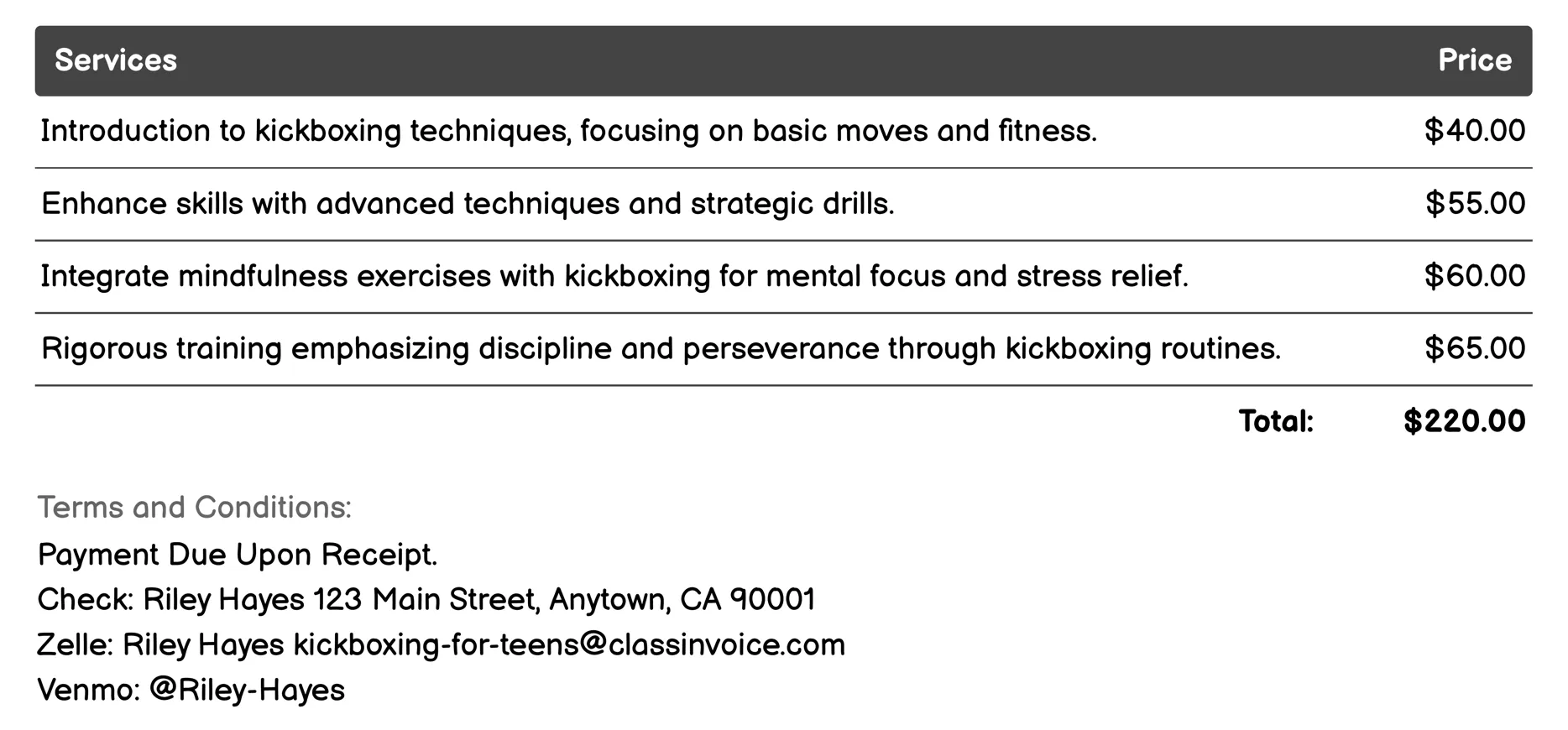 Mindfulness and Discipline Programs Invoice Example