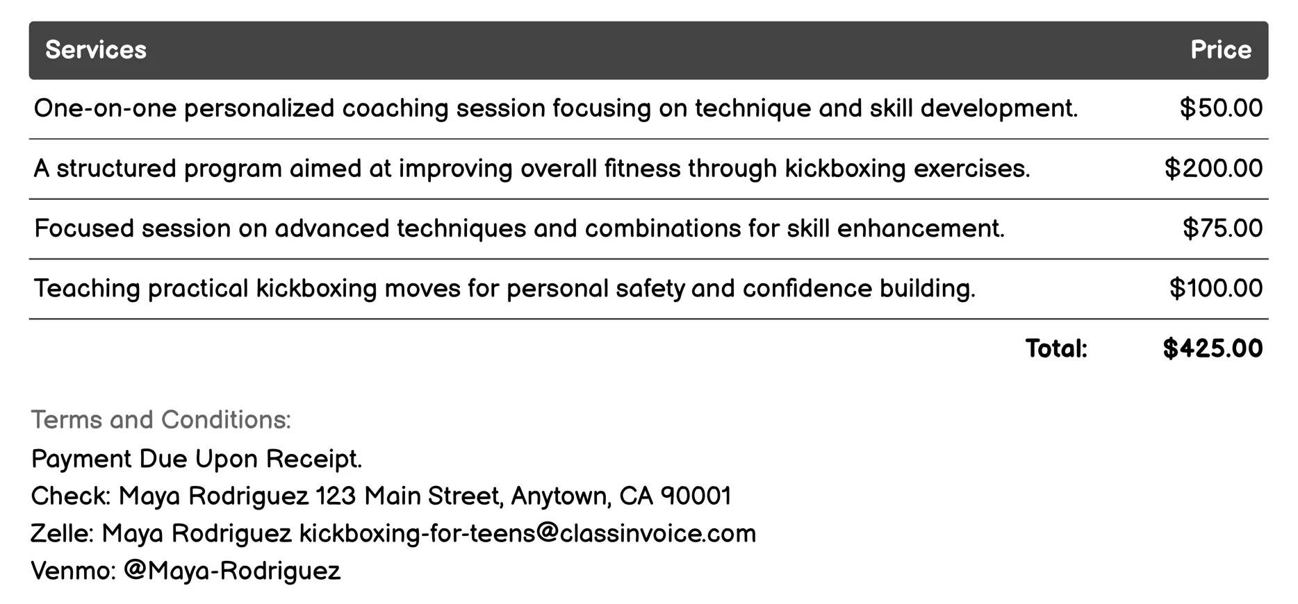 Personalized Coaching Invoice Example