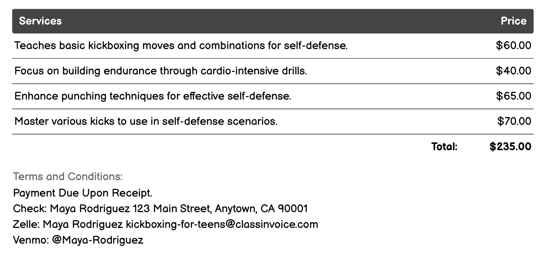Self-Defense Workshops Invoice Example