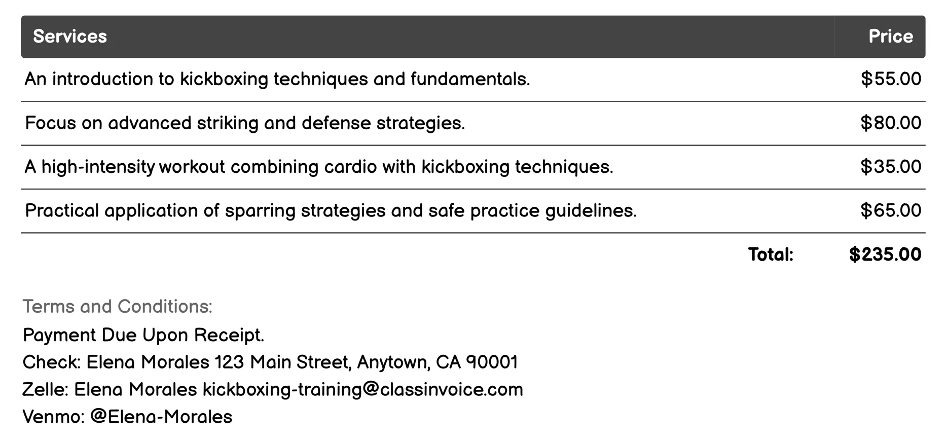 Kickboxing Seminars Invoice Example