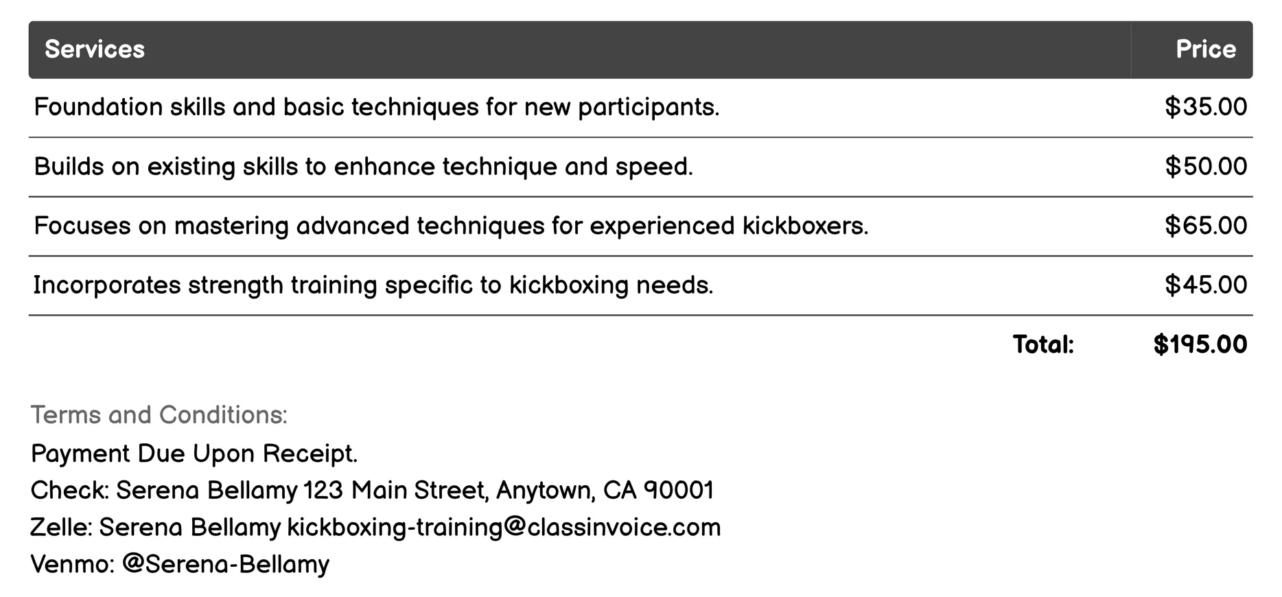Private Lessons Invoice Example