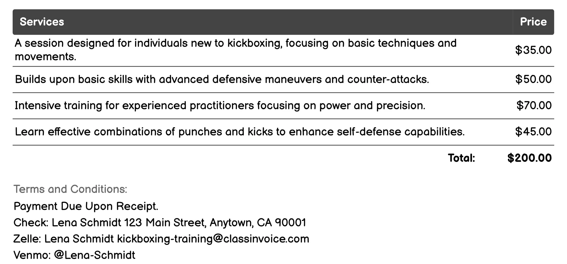 Self-Defense Training Invoice Example