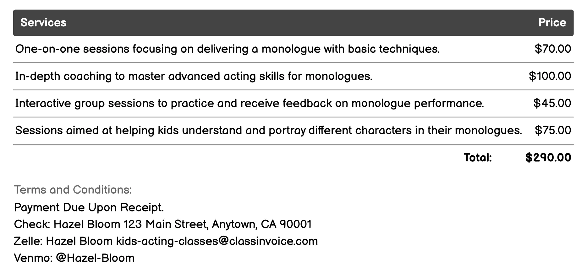 Monologue Performance Coaching Invoice Example