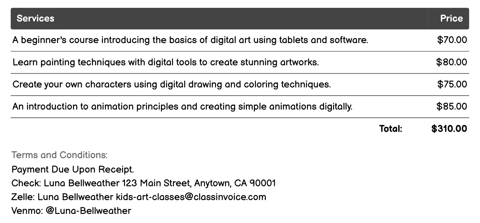 Digital Art Invoice Example