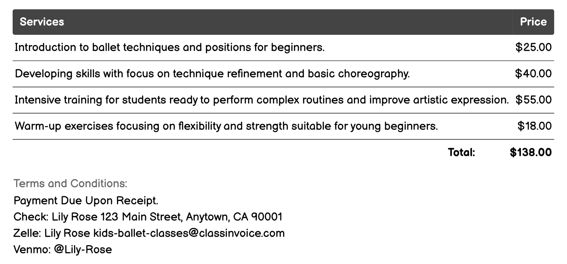 After-School Ballet Classes Invoice Example
