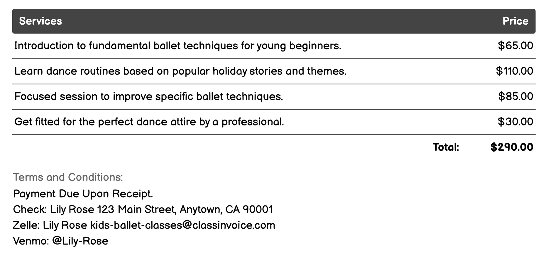 Holiday Ballet Workshops Invoice Example