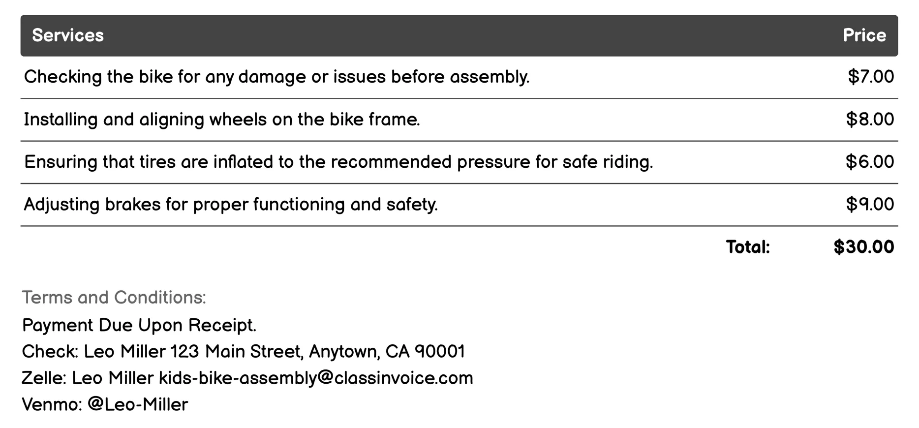 Tire Pressure Check Invoice Example