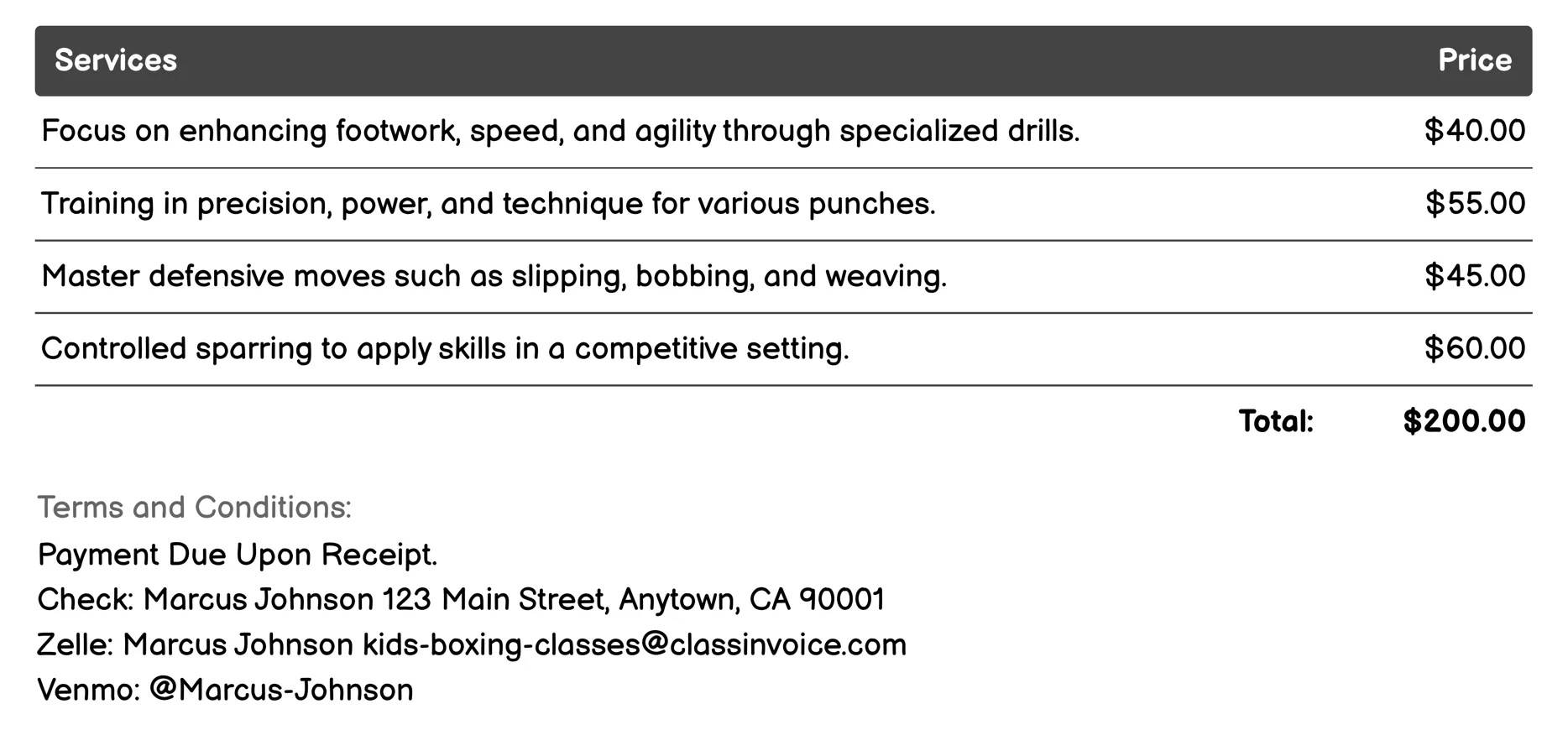 Advanced Skills Training Invoice Example