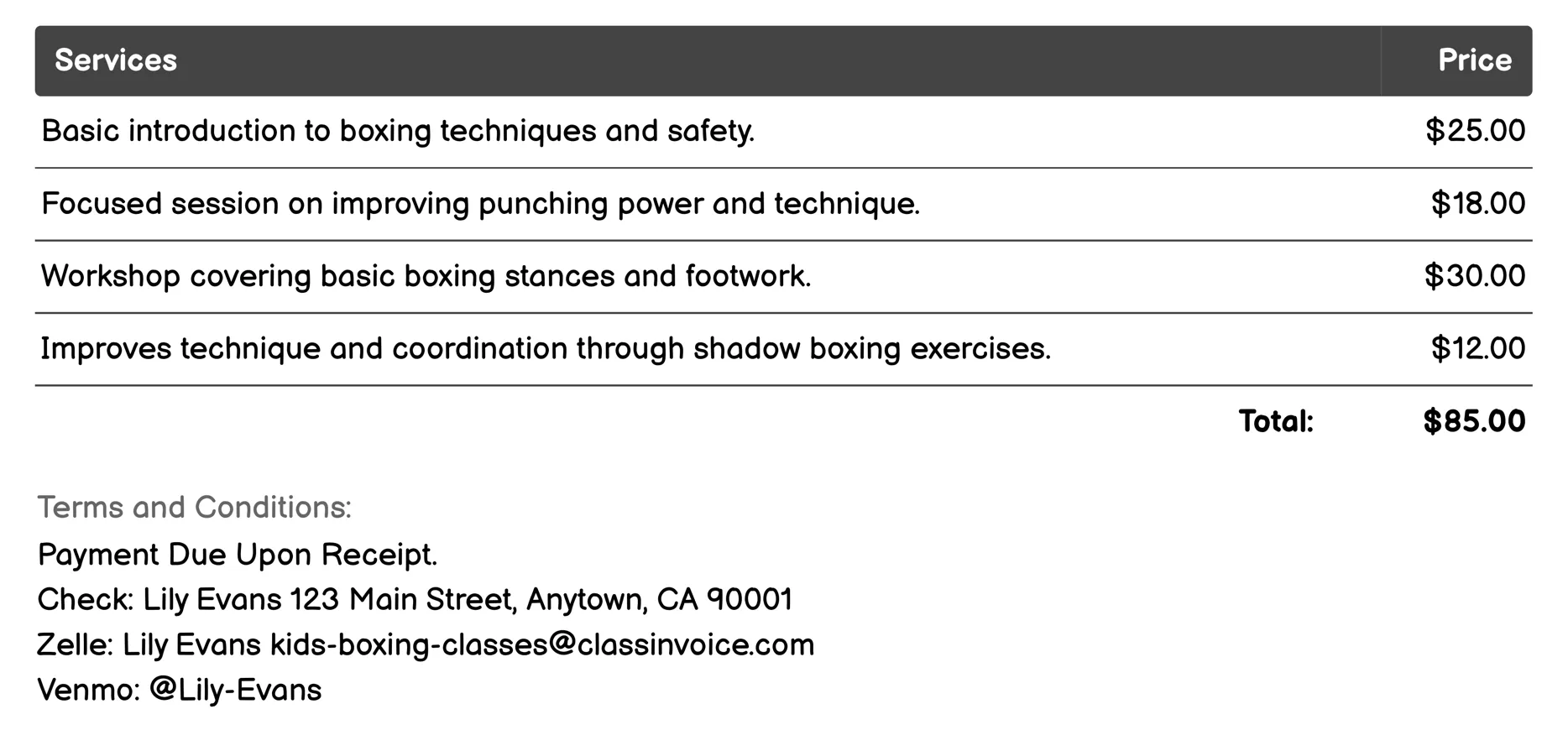 Beginner Classes Invoice Example